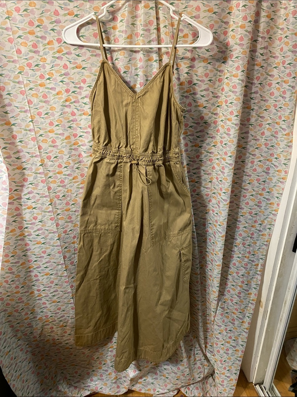 Women’s Tan Spaghetti Strap Cargo Midi Dress
